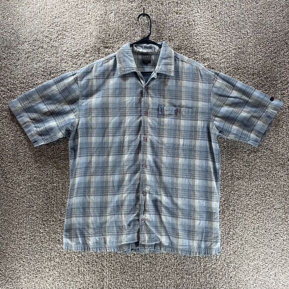 FUBU Shirt Mens Large Blue Plaid Short Sleeve Button Up Hip Hop Streetwear Logo - Picture 1 of 12